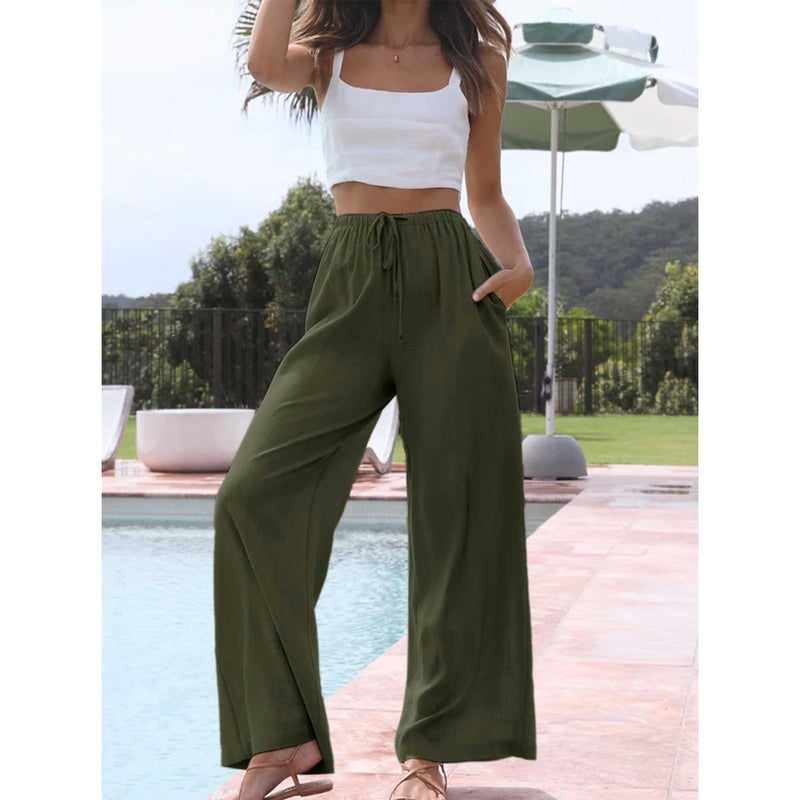 Duyang Womens Cotton Linen Palazzo Pants Drawstring Elastic Waist Casual Wide Leg Trousers with Pockets(Army Green,M) - Image 4