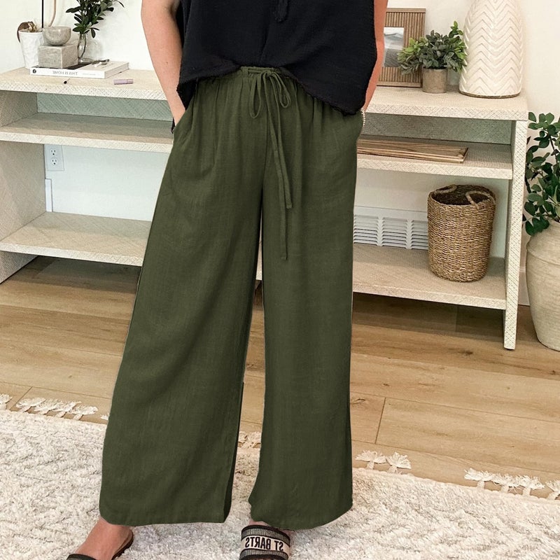 Duyang Womens Cotton Linen Palazzo Pants Drawstring Elastic Waist Casual Wide Leg Trousers with Pockets(Army Green,M) - Image 5