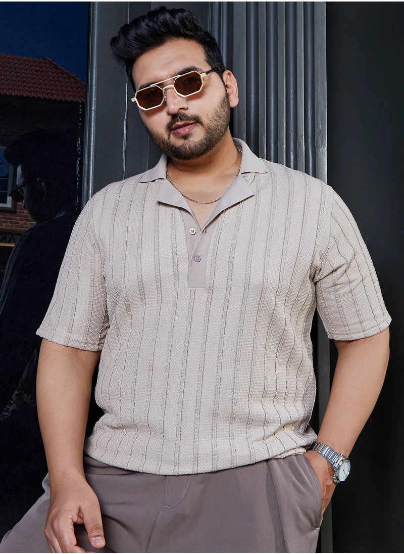 انستافاب بلس Instafab Plus Men's Saltbox Beige Wicker-Tactile Polo T-Shirt For Casual Wear | Polo Neck | Short Cuffed Sleeves | Half-Button Closure | Plus Size T-Shirt Crafted With Comfort Fit For Everyday Wear