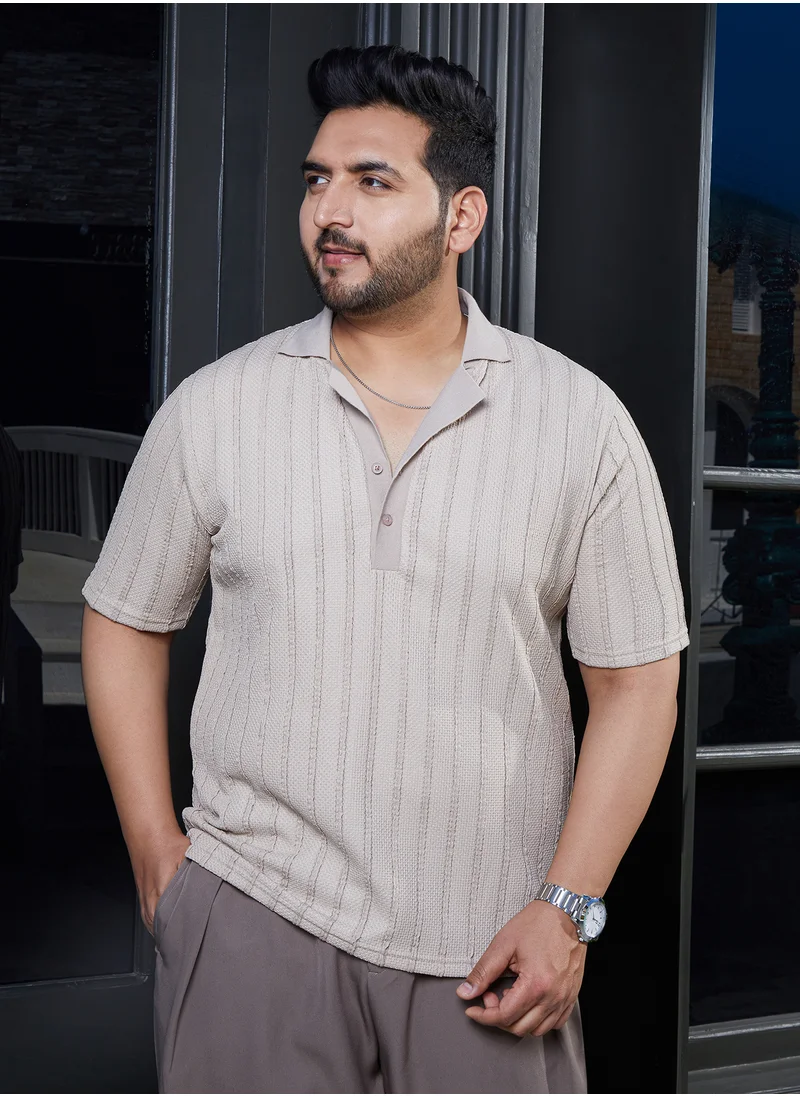 انستافاب بلس Instafab Plus Men's Saltbox Beige Wicker-Tactile Polo T-Shirt For Casual Wear | Polo Neck | Short Cuffed Sleeves | Half-Button Closure | Plus Size T-Shirt Crafted With Comfort Fit For Everyday Wear
