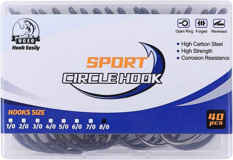 UCEC Circle Hooks Fishing Hooks 2X Strong Offset Circle Hooks Saltwater Black High Carbon Steel Octopus Catfish Fishing Hooks Fishing Gear Tackle 150pcs/ 240pcs - Size:#1 1/0 2/0 3/0 4/0 5/0 6/0 8/0 - Image 5