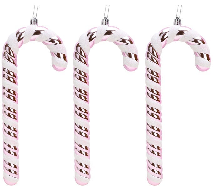 PACK OF 3250MM 10 EXTRA LARGE CANDY CANE BAUBLES SHINY GLITTER DECORATED CHRISTMAS DECORATIONS BABY PINK