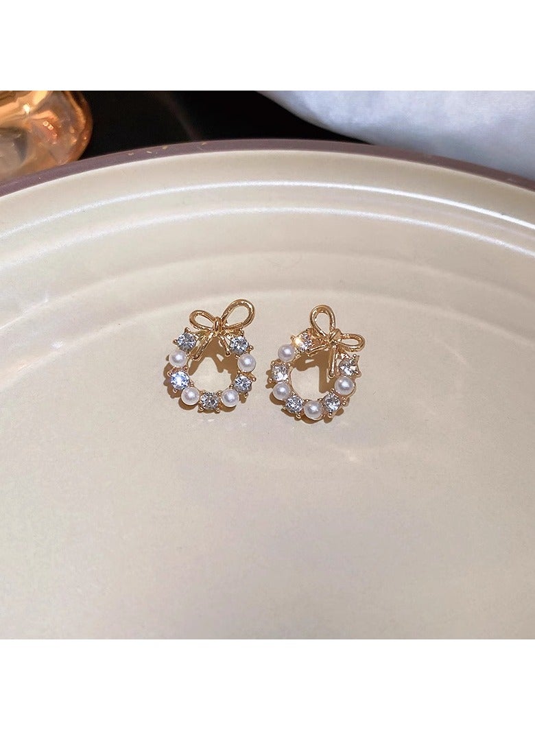 White Bow Wreath Pearl Earrings 