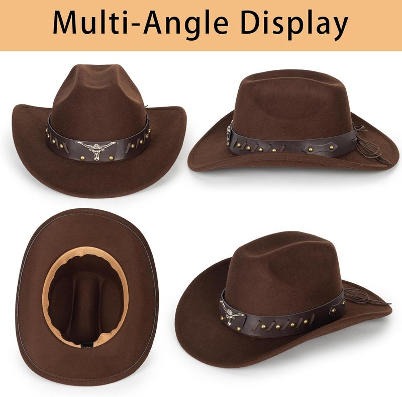 CaySep Classic Western Cowboy Hat for Women and Men Roll Up Wide Brim Felt Fedora Hats Cowgirl Hat with Belt Buckle(M-L) - Image 5