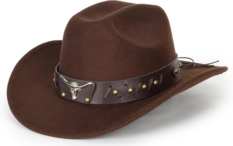 CaySep Classic Western Cowboy Hat for Women and Men Roll Up Wide Brim Felt Fedora Hats Cowgirl Hat with Belt Buckle(M-L) - Image 1