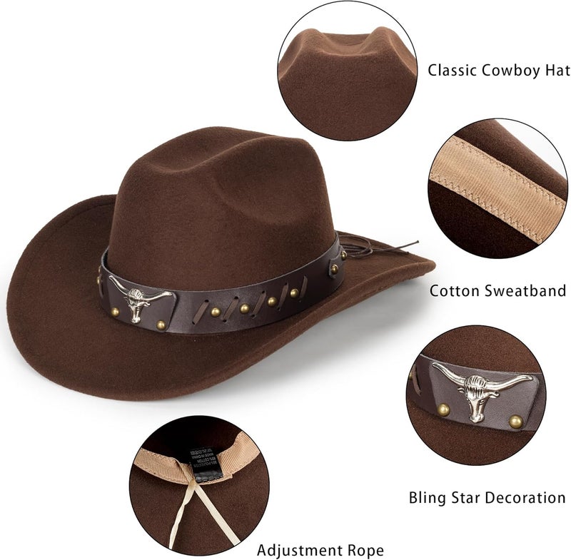 CaySep Classic Western Cowboy Hat for Women and Men Roll Up Wide Brim Felt Fedora Hats Cowgirl Hat with Belt Buckle(M-L) - Image 2