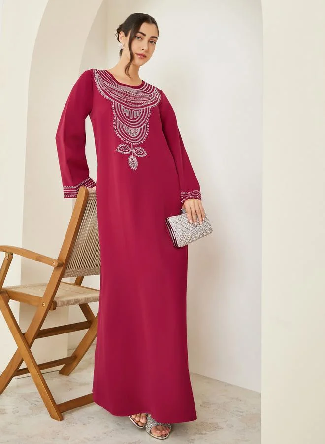 Women Red Embroidered A-Line Jalabiya
