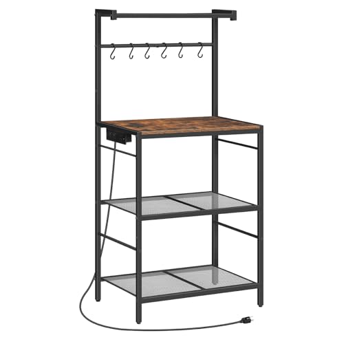 MAHANCRIS MAHANCRIS Bakers Rack with Power Outlet Microwave Stand with Storage 4Tier Coffee Bar Station Kitchen Bakers Rack with 6 SShaped Hooks for Kitchen Dining Room Rustic Brown BRHR35E01