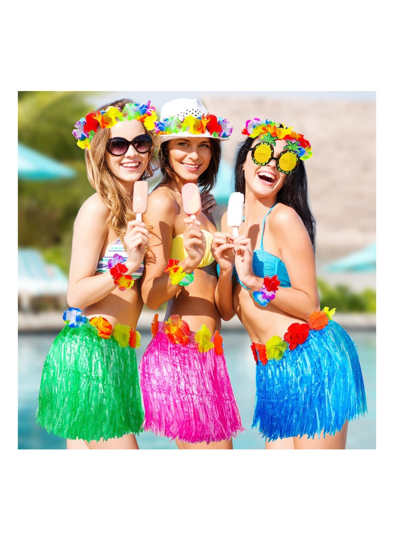 Excefore 18 Packs Hawaiian Grass Skirt Party Set 6 Hawaiian Elastic Tropical Luau Hula Skirt 6 Hawaiian Leis Necklace Flower Headband Bracelet 6 Pineapple Sunglasses for Summer Vacation Hawaiian Party Supplies  - Image 2