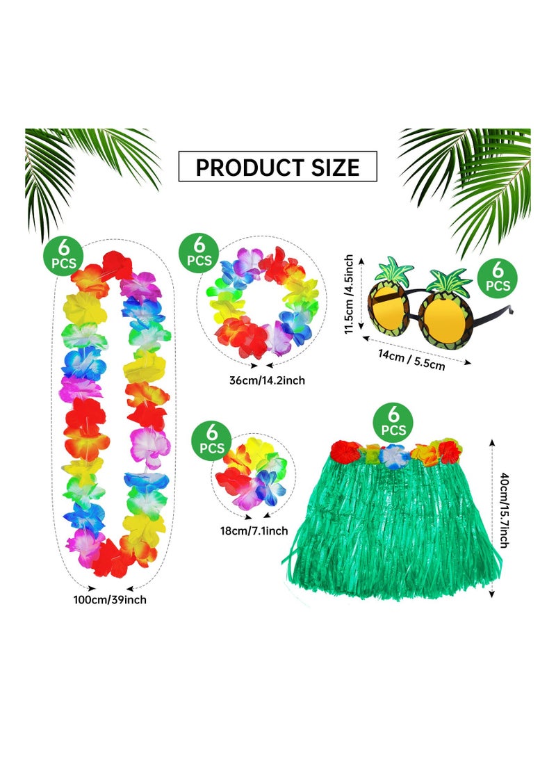 Excefore 18 Packs Hawaiian Grass Skirt Party Set 6 Hawaiian Elastic Tropical Luau Hula Skirt 6 Hawaiian Leis Necklace Flower Headband Bracelet 6 Pineapple Sunglasses for Summer Vacation Hawaiian Party Supplies  - Image 5