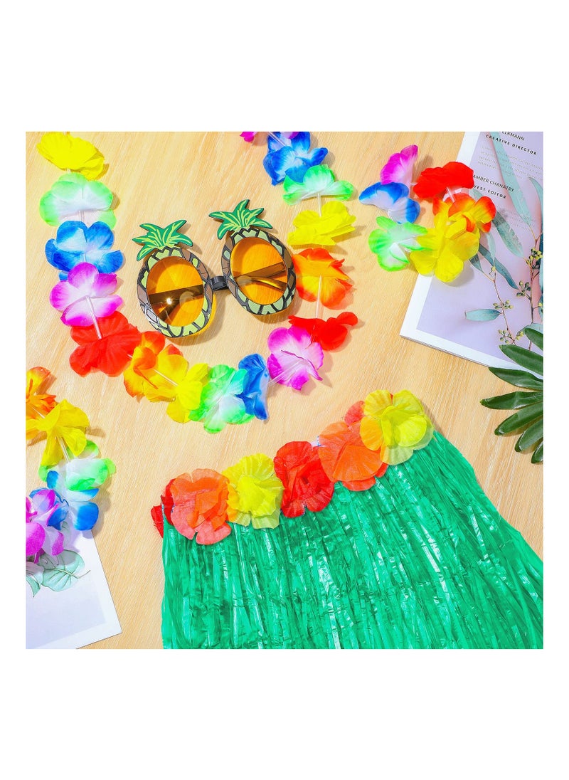 Excefore 18 Packs Hawaiian Grass Skirt Party Set 6 Hawaiian Elastic Tropical Luau Hula Skirt 6 Hawaiian Leis Necklace Flower Headband Bracelet 6 Pineapple Sunglasses for Summer Vacation Hawaiian Party Supplies  - Image 4