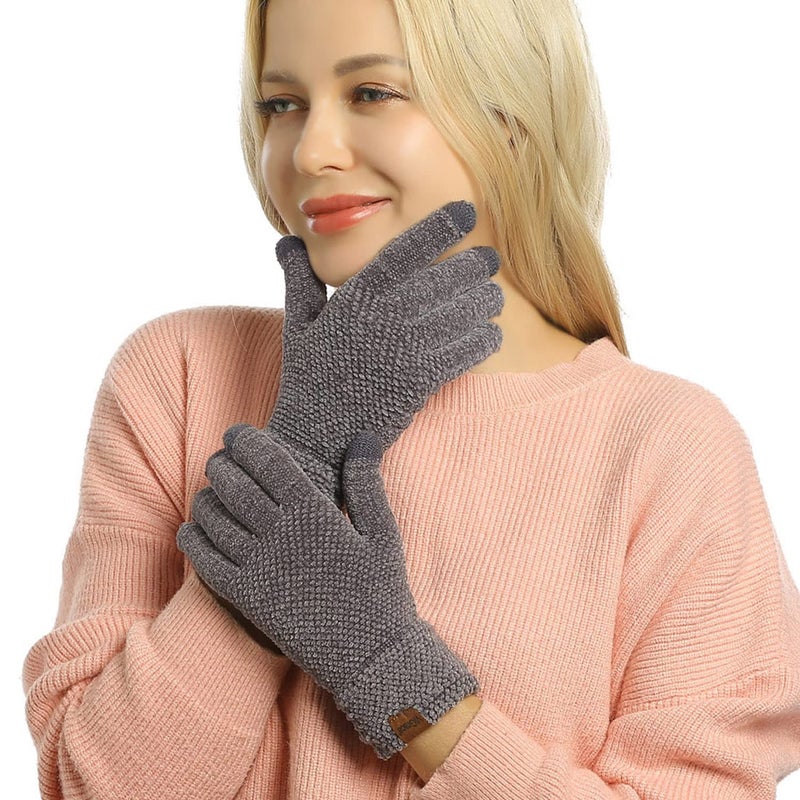 ViGrace Winter Touchscreen Gloves for Women Chenille Warm Cable Knit 3 Touch screen Fingers Texting Driving Elastic Cuff Thermal Glove (Gray,Large) - Image 2