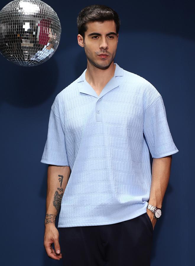 Campus Sutra Men Blue Self Design Cuban Polo T-Shirt - Image 2