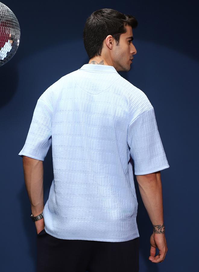 Campus Sutra Men Blue Self Design Cuban Polo T-Shirt - Image 4