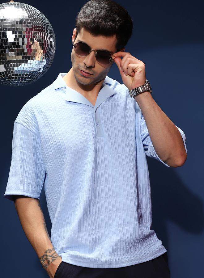 Campus Sutra Men Blue Self Design Cuban Polo T-Shirt - Image 1