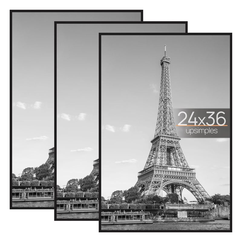 upsimples 24x36 Poster Frame Black 3 Pack, Scratch-Proof Picture Frames 24 x 36 for Photo Gallery - Slide-In Strips, Horizontal or Vertical Wall Mounting - Image 1