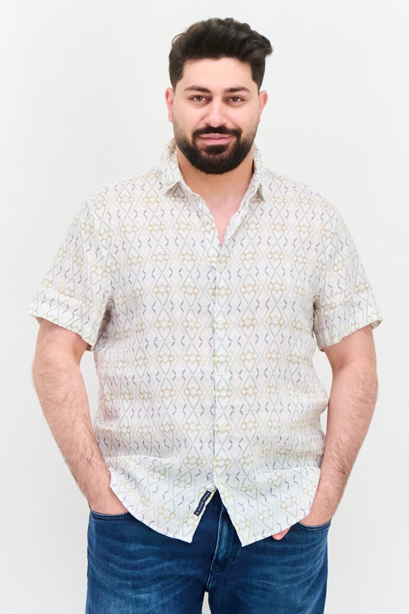 PERRY ELLIS Men Regular Fit Allover Print Short Sleeves Casual Shirt, White Combo - Image 1