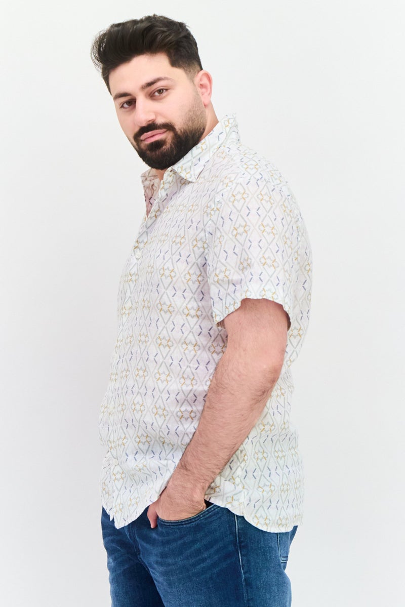 PERRY ELLIS Men Regular Fit Allover Print Short Sleeves Casual Shirt, White Combo - Image 2