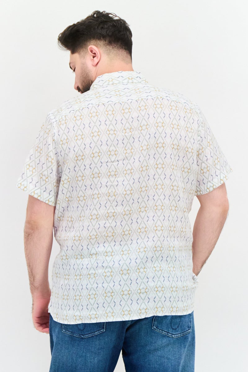 PERRY ELLIS Men Regular Fit Allover Print Short Sleeves Casual Shirt, White Combo - Image 3