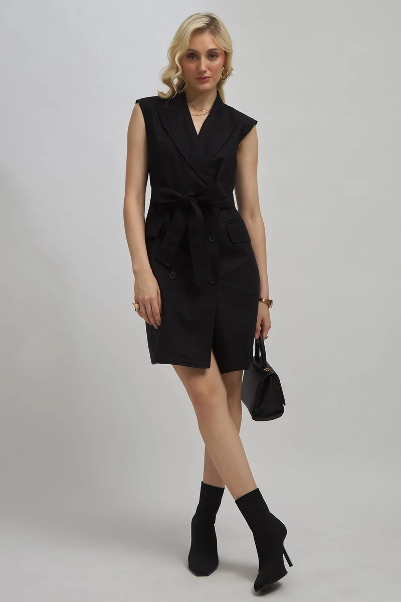 Solid Linen Double Breasted Blazer Dress for Women