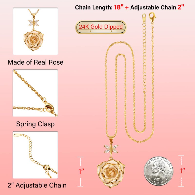 AliveRose Rose Pendant Necklaces Gifts for Women, 24K Gold Dipped Real Rose Dangle Necklace Jewelry - Ideal Gift for Her Wife Mom Anniversaries, Valentines, Birthday (Crystal Ivory) - Image 3