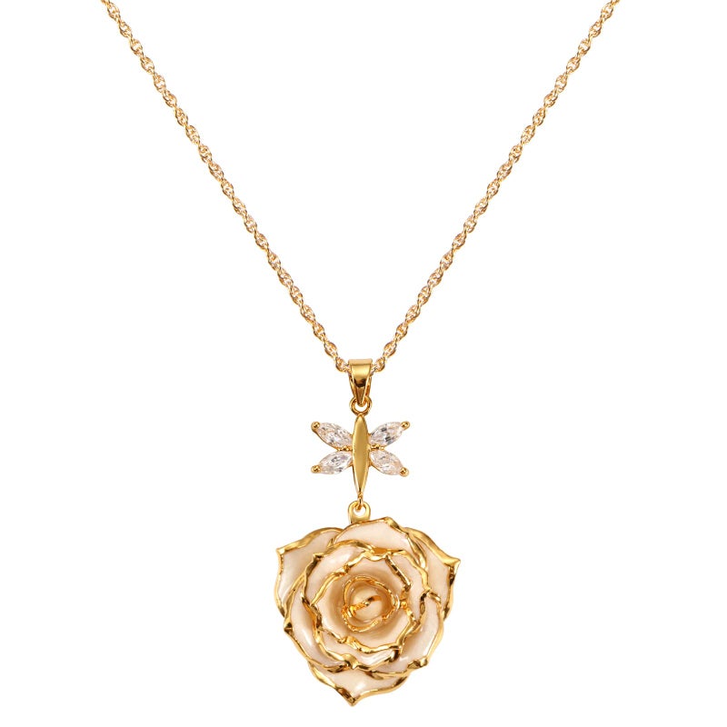 AliveRose Rose Pendant Necklaces Gifts for Women, 24K Gold Dipped Real Rose Dangle Necklace Jewelry - Ideal Gift for Her Wife Mom Anniversaries, Valentines, Birthday (Crystal Ivory) - Image 1