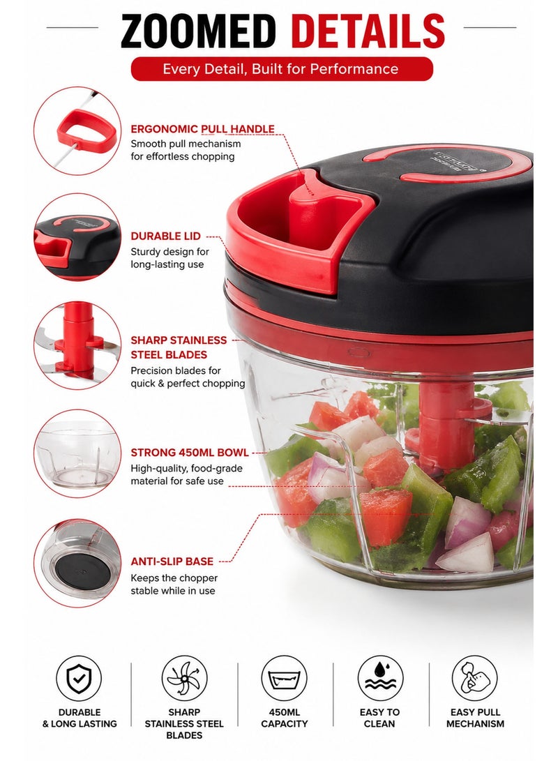 Manual Pull Chopper 450ML, Hand Pull Food Chopper with 4 Stainless Steel Blades, BPA-Free Vegetable Cutter & Mini Food Processor for Onion, Garlic, Fruits, Herbs & Nuts - Image 2