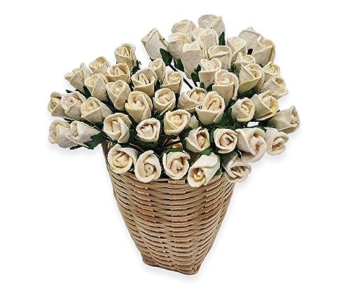 ChangThai Design Tiny ¼ Inch Diameter Cream Rosebud Paper Rose 50 Pieces Bunch of Flowers for Scrapbook Craft Mulberry Paper Mini Artificial Flower Card Wedding Dollhouse Décor - Image 5