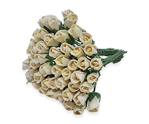 ChangThai Design Tiny ¼ Inch Diameter Cream Rosebud Paper Rose 50 Pieces Bunch of Flowers for Scrapbook Craft Mulberry Paper Mini Artificial Flower Card Wedding Dollhouse Décor - Image 1