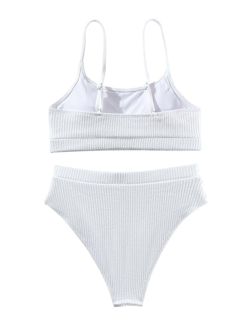 Lilosy High Waisted Tummy Control Bikini Ribbed Sporty Brazilian Swimsuit Set Women Highwaisted Cheeky Cut Leg Rise Bottom Crop Push Up Top 2 Piece Bathing Suit White Medium - Image 4