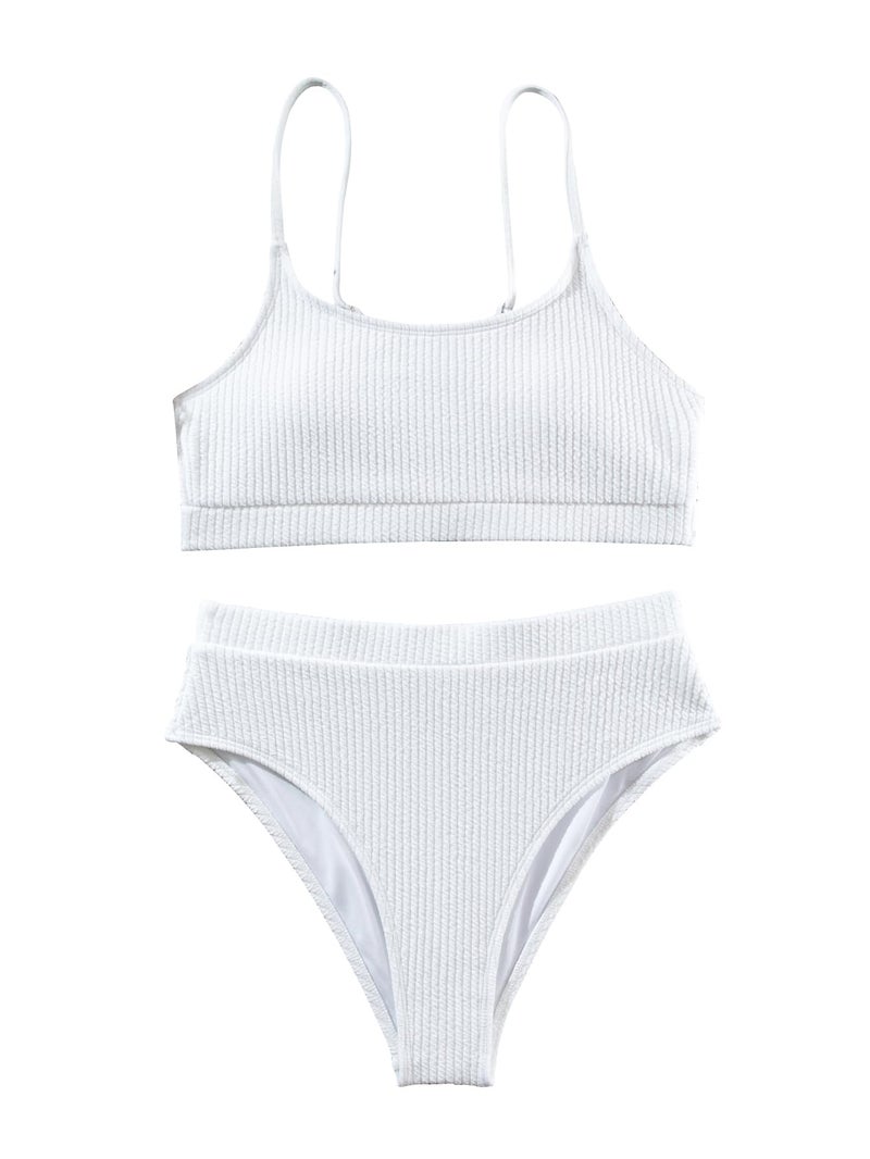 Lilosy High Waisted Tummy Control Bikini Ribbed Sporty Brazilian Swimsuit Set Women Highwaisted Cheeky Cut Leg Rise Bottom Crop Push Up Top 2 Piece Bathing Suit White Medium - Image 3