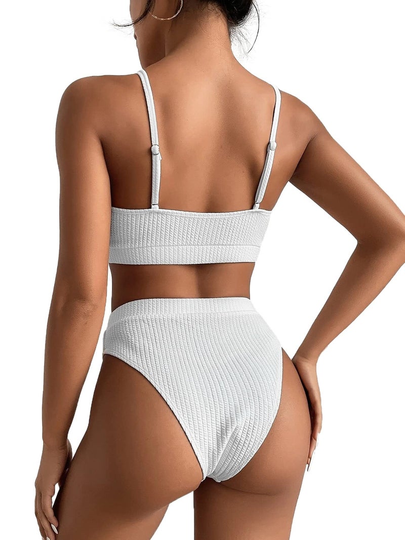 Lilosy High Waisted Tummy Control Bikini Ribbed Sporty Brazilian Swimsuit Set Women Highwaisted Cheeky Cut Leg Rise Bottom Crop Push Up Top 2 Piece Bathing Suit White Medium - Image 2