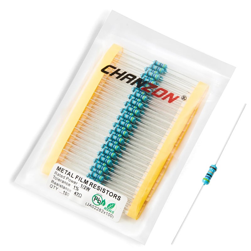 CHANZON 100 قطعة 1/2 واط (0.5 واط) 47Ω أوم مقاومة ثابتة من فيلم معدني 0.01 ±1% تحمل 47 ر مقاومات عبر الفتحة مع شهادة روهس - Image 1