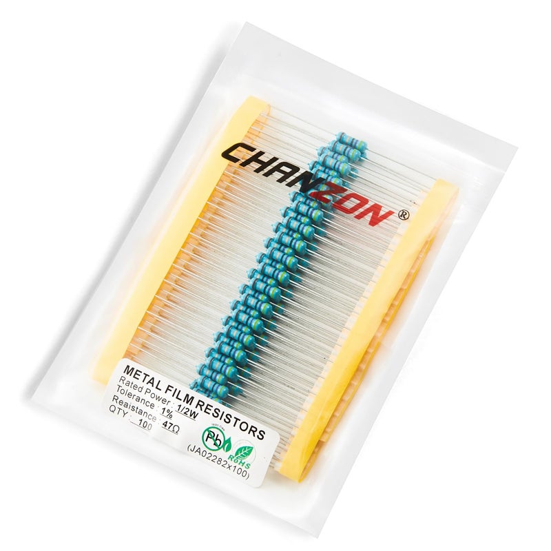 CHANZON 100 قطعة 1/2 واط (0.5 واط) 47Ω أوم مقاومة ثابتة من فيلم معدني 0.01 ±1% تحمل 47 ر مقاومات عبر الفتحة مع شهادة روهس - Image 4