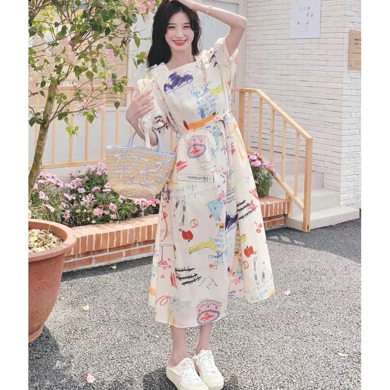 Women's Summer Graffiti Print A-Line Dress, Loose Fit Korean Style - Image 3