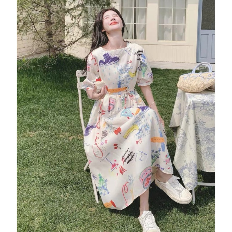 Women's Summer Graffiti Print A-Line Dress, Loose Fit Korean Style - Image 4
