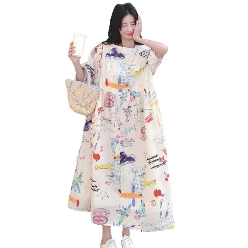 Women's Summer Graffiti Print A-Line Dress, Loose Fit Korean Style - Image 5