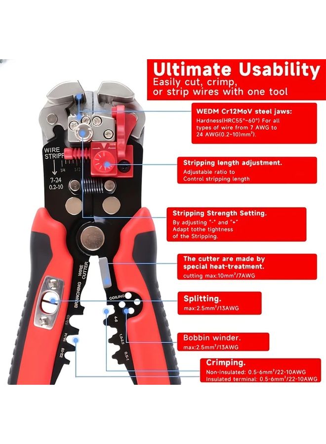 Professional Automatic Wire Stripper Crimping Tool 24 10AWG Red Black - Image 4