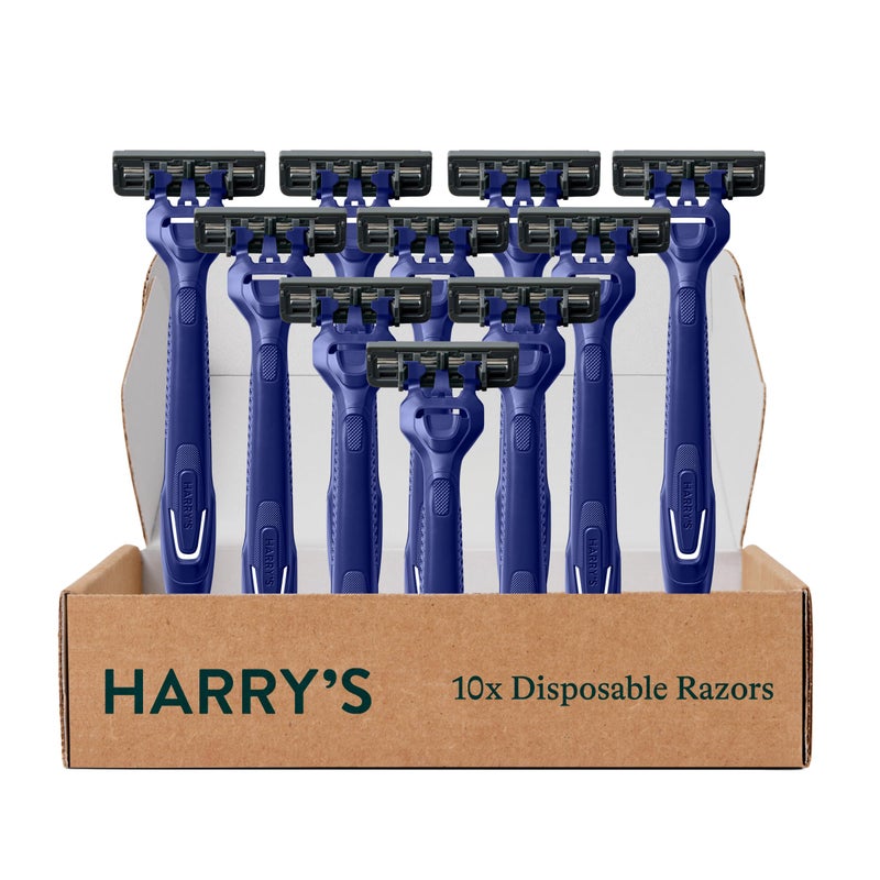 Harrys Mens Disposable Razors 3Blade Razors with Lubricating Strip and Pivoting Head 10 count Midnigt Blue