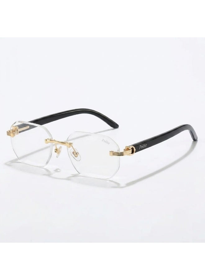 Polite Rimless Octagon Eyeglasses for Unisex – Gold Accent Black Frame, Clear Lenses - Image 1