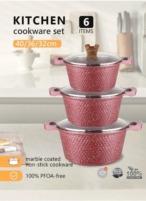 Kitchen Cookware Set,3-Piece Marble,Kichen Item,Non Stick Cookware Sets,Glass lid,Perfluorooctanoic Acid (PFOA)-Free Red 32-36-40 cm