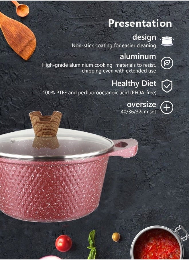 Kitchen Cookware Set,3-Piece Marble,Kichen Item,Non Stick Cookware Sets,Glass lid,Perfluorooctanoic Acid (PFOA)-Free Red 32-36-40 cm