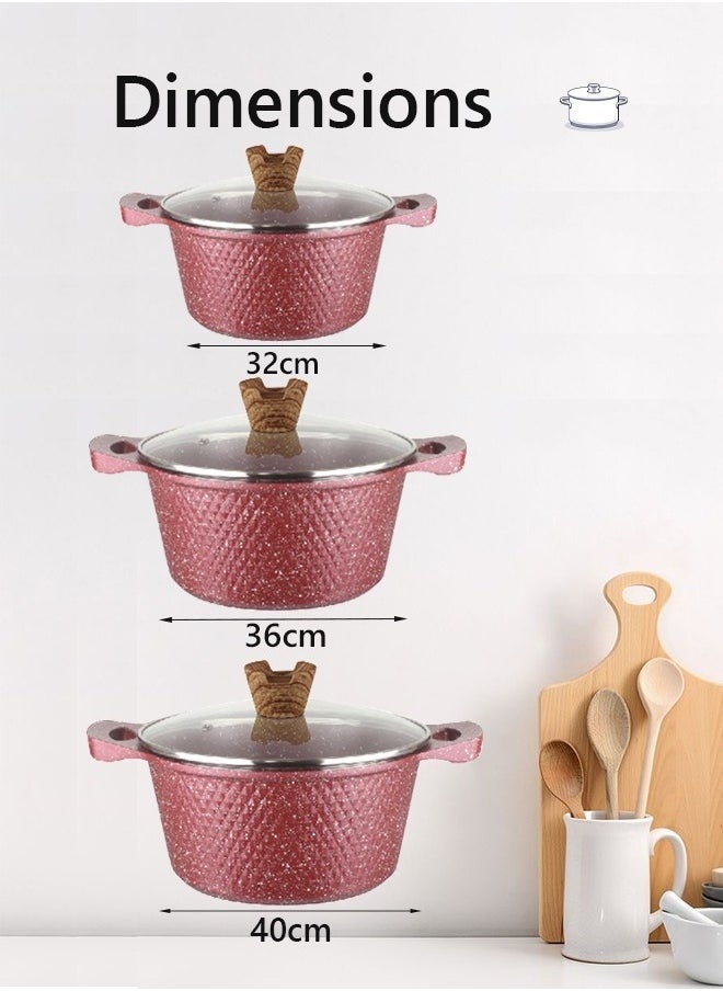 Kitchen Cookware Set,3-Piece Marble,Kichen Item,Non Stick Cookware Sets,Glass lid,Perfluorooctanoic Acid (PFOA)-Free Red 32-36-40 cm