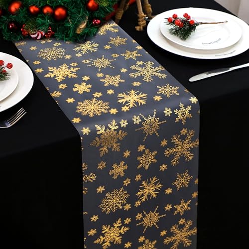 Snowkingdom 2 Pcs Christmas Snowflake Gold Table Runner, 108 Inch Sparkly Gold Glitter Metallic Foil Runners Decorations for Seasonal Winter Festival Holiday Home Party - Image 1