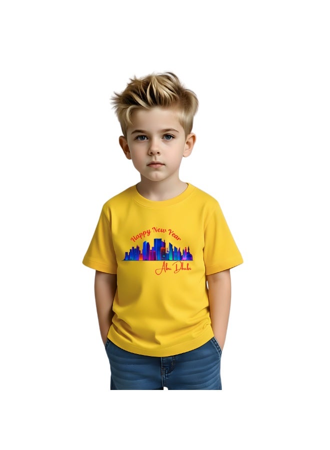 Happy New Year Kids Boys T-Shirt With Abu Dhabi Design-Round Neck Short Sleeve Cotton Tshirt-Celebrating In Abu Dhabi-New Year's Abu Dhabi Gift For Boys - Image 1
