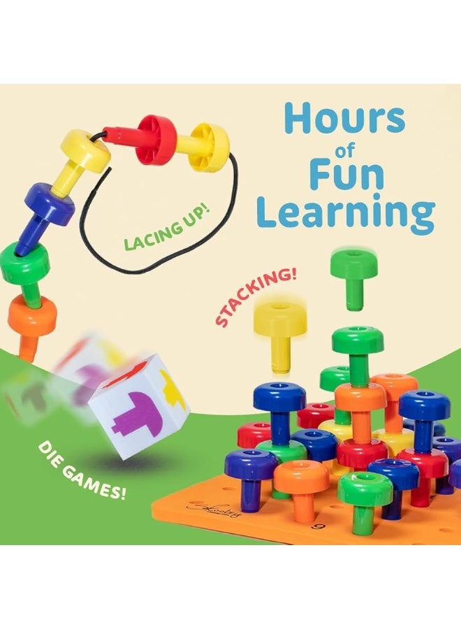 Skoolzy Montessori Sensory Pegboard 33 Piece Set - Develop Sensory Play Occupational Therapy STEM Learning Educational Toys for Kids 2+ - Includes Foam Board, Lacing String, Dice, Storage Bag, eBook - Image 2