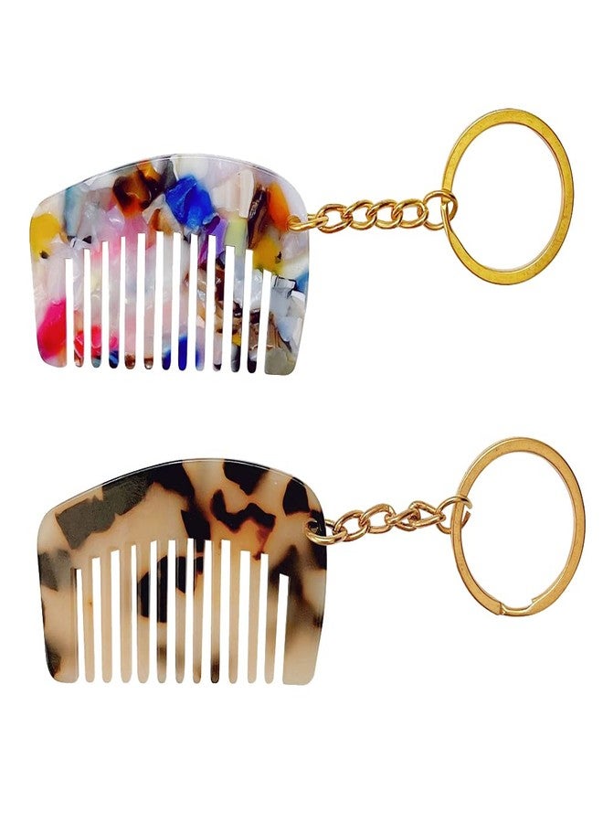 GSHLLO 2 Pcs Acetate Hair Comb Keychains Hairdresser Keychain Hair Stylist Key Ring Pendant Key Chain Travel Portable Pocket Comb with Keyring for Women - Image 1