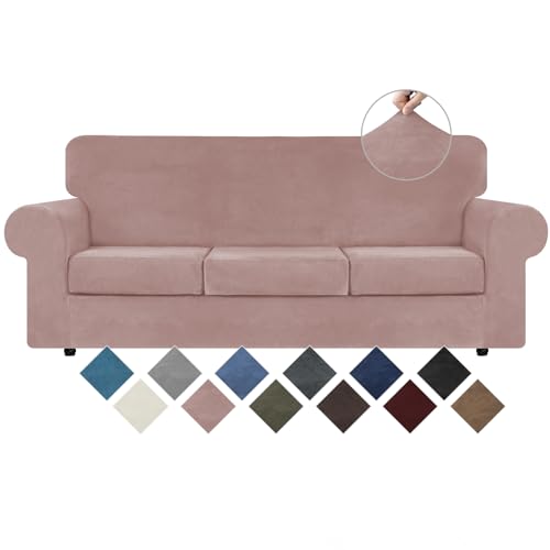 WEERRW 4 Pieces Velvet High Stretch Couch Covers for 3 Cushion Couch Sofa Slipcovers Washable Furniture Protector with Non Slip Elastic Bottom Feature Soft and Thick Plush Fabric Pink Large