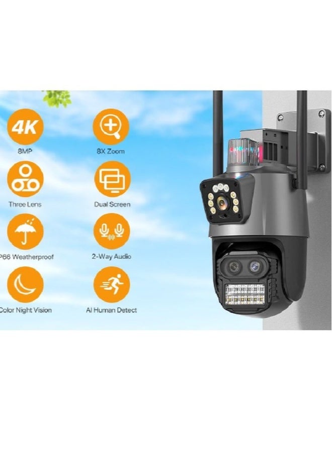 AROAQ 8MP WiFi IP Security Camera – 4K Ultra HD Three-Lens PTZ CCTV Camera with Dual Screen, Auto Tracking, Night Vision, Two-Way Audio, Waterproof Outdoor Surveillance - Image 5