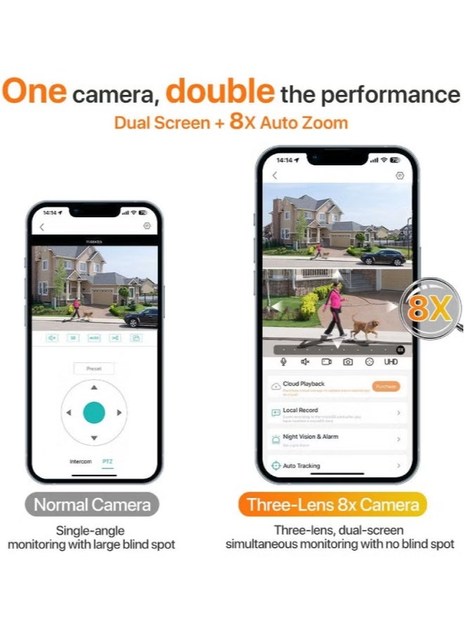 AROAQ 8MP WiFi IP Security Camera – 4K Ultra HD Three-Lens PTZ CCTV Camera with Dual Screen, Auto Tracking, Night Vision, Two-Way Audio, Waterproof Outdoor Surveillance - Image 3